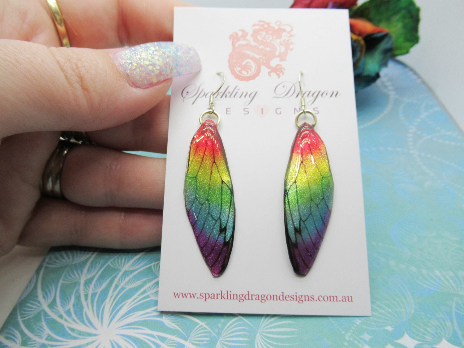 Butterfly Wing Rainbow Earrings - Fairy Jewellery, Fun Gift for her Fairy Wing Earrings - Sparkly - Resin with Glitter Finish - Image 6