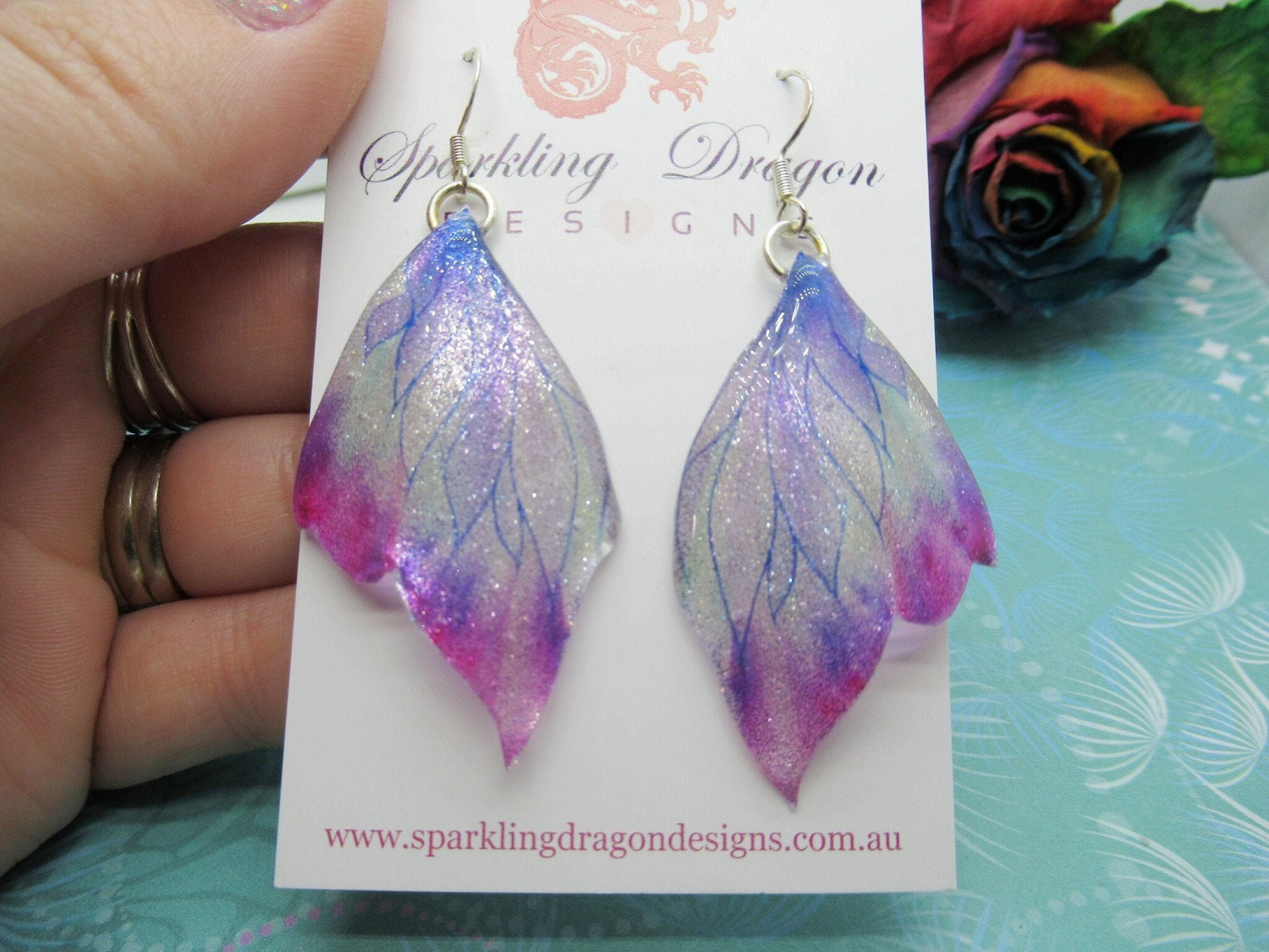 Butterfly Wing Earrings Misting Purple and Blue - Fairy Jewellery, Fun Gift for her Statement Present Sparkly - Resin with Glitter Finish