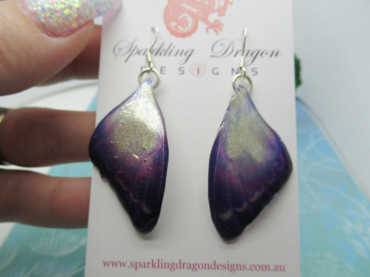 Butterfly Earrings Mystic Midnight - Fairy Jewellery Fun Gift for her, Fairy Wing Earrings - Sparkly - Resin with Glitter Finish - Image 8