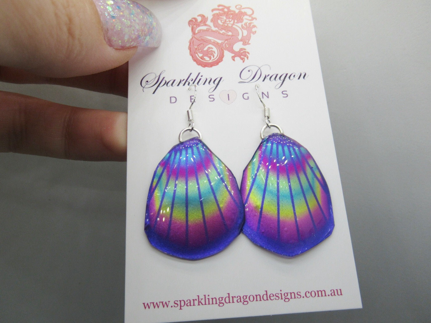 Butterfly Wing Earrings Blue & Rainbow Lines- Fairy Jewellery, Fun Gift for her Fairy Wing Earrings - Sparkly - Resin with Glitter Finish - Image 4
