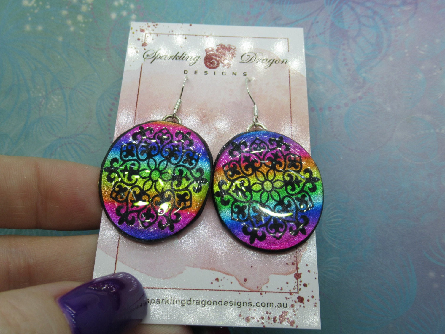 Elegant Motif Earrings Rainbow Colours - New Age Boho gift - Resin with Glitter Finish