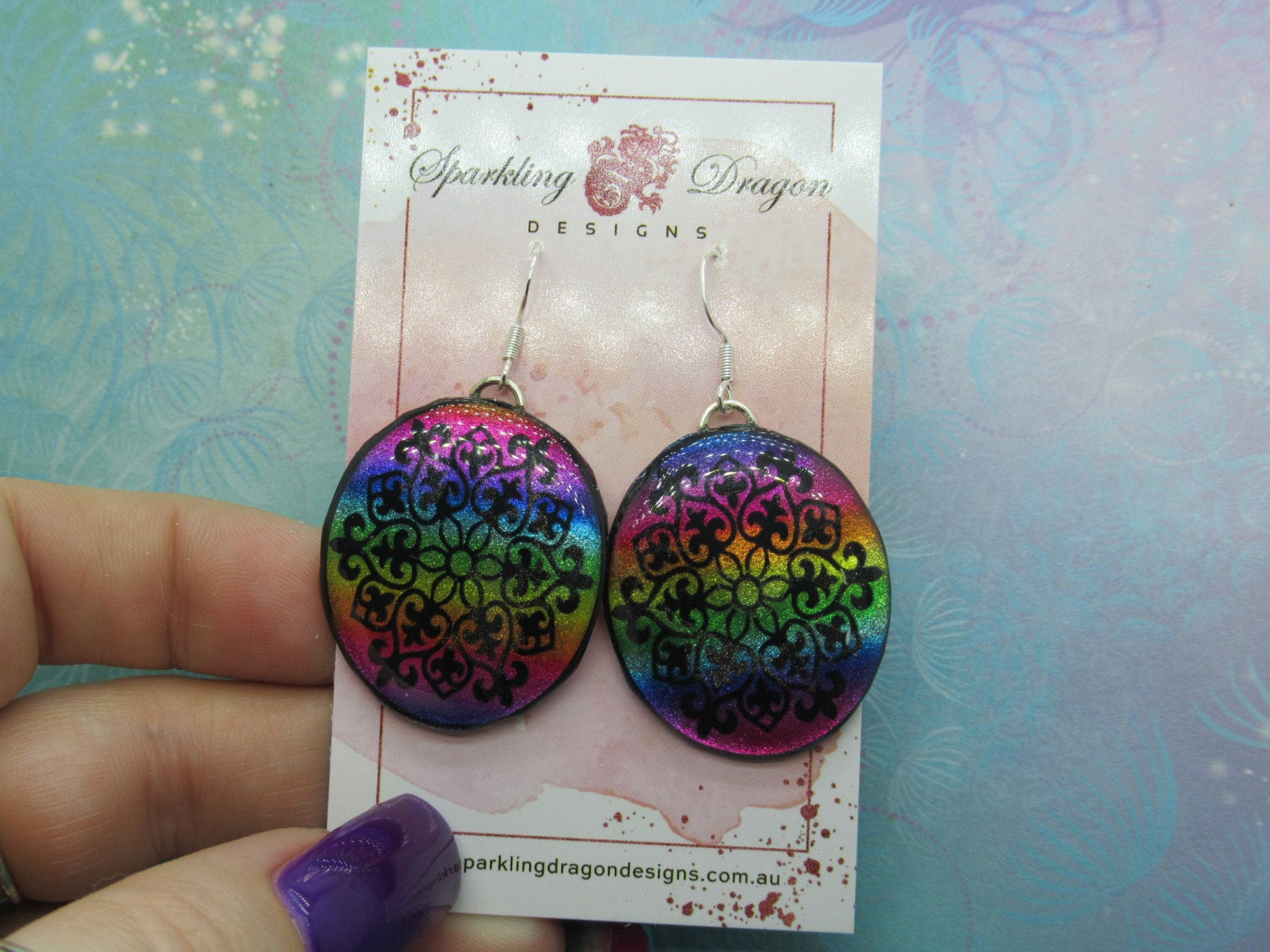 Elegant Motif Earrings Rainbow Colours - New Age Boho gift - Resin with Glitter Finish - Image 2