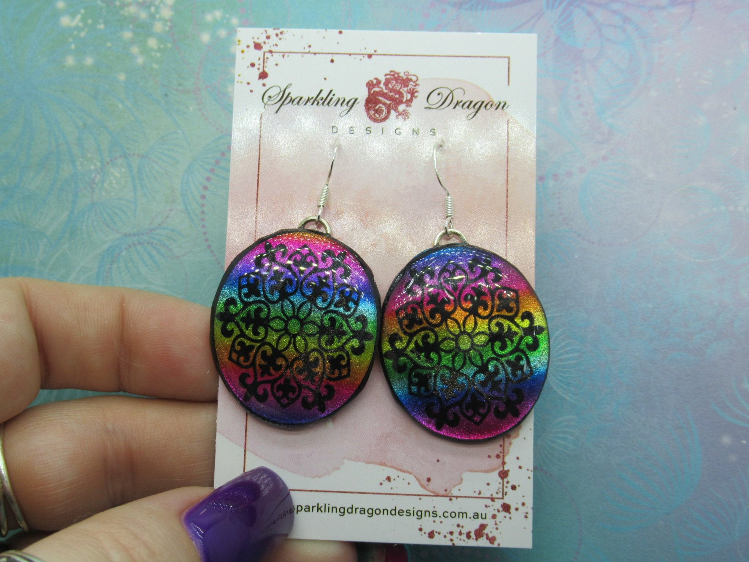 Elegant Motif Earrings Rainbow Colours - New Age Boho gift - Resin with Glitter Finish - Image 3