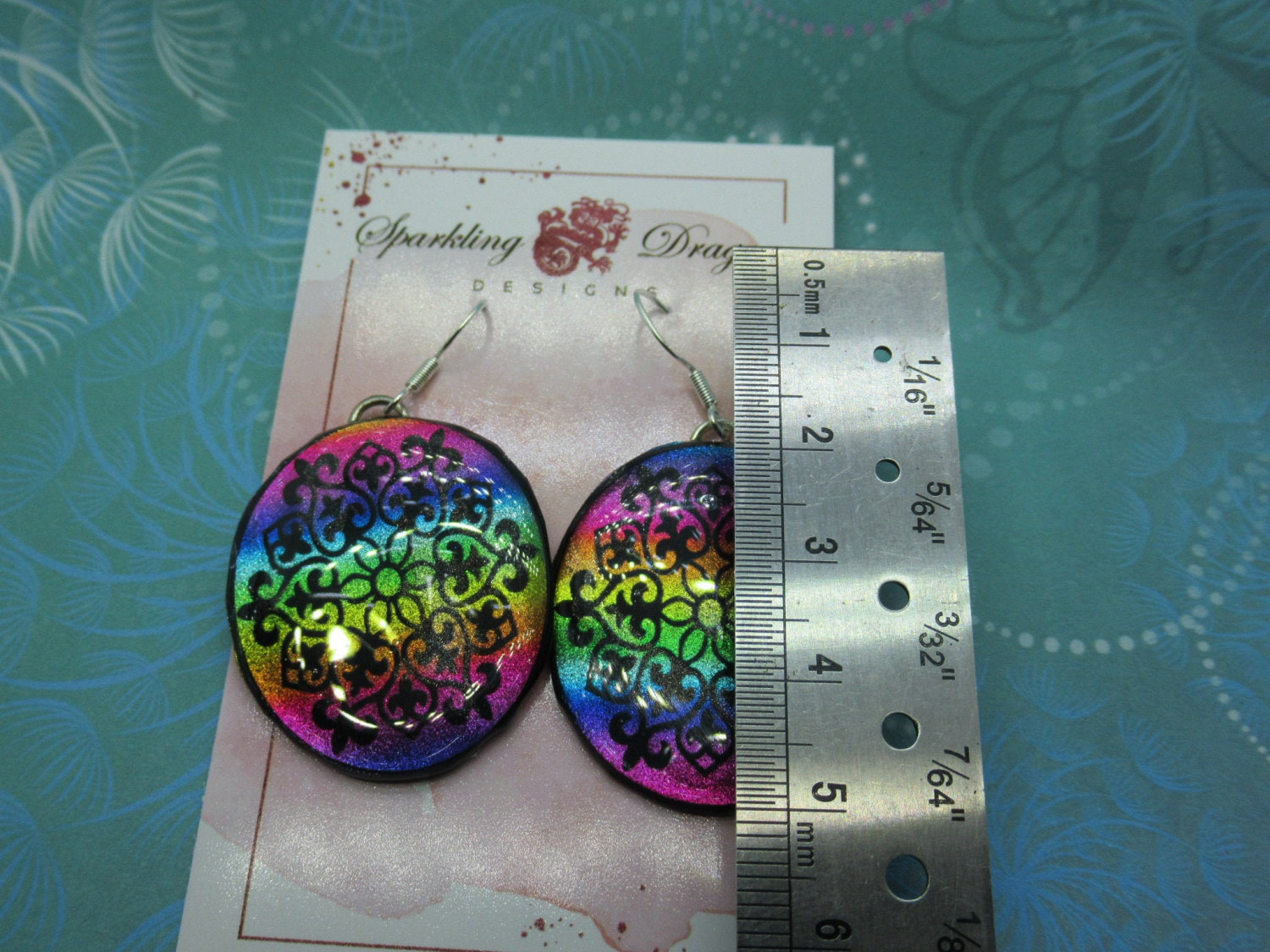 Elegant Motif Earrings Rainbow Colours - New Age Boho gift - Resin with Glitter Finish - Image 4