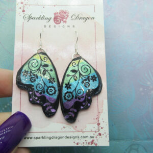 Butterfly Earrings Pale Blue & Green with Flowers - Fairy Jewellery, Gift for her Fairy Wing Earrings - Sparkly - Resin with Glitter Finish