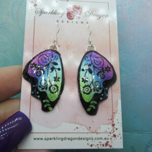 Butterfly Earrings Green to Pink with Flowers - Fairy Jewellery, Gift for her Fairy Wing Earrings - Sparkly - Resin with Glitter Finish