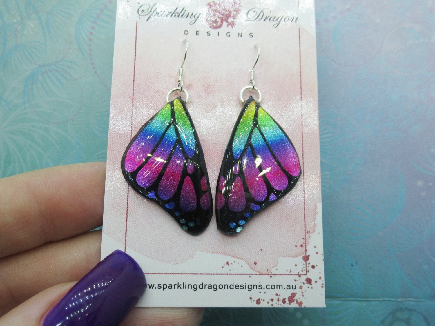 Butterfly Earrings Pink and Blue, Yellow Green - Fairy Jewellery, Fun Gift for her Statement Present Sparkly - Resin with Glitter Finish