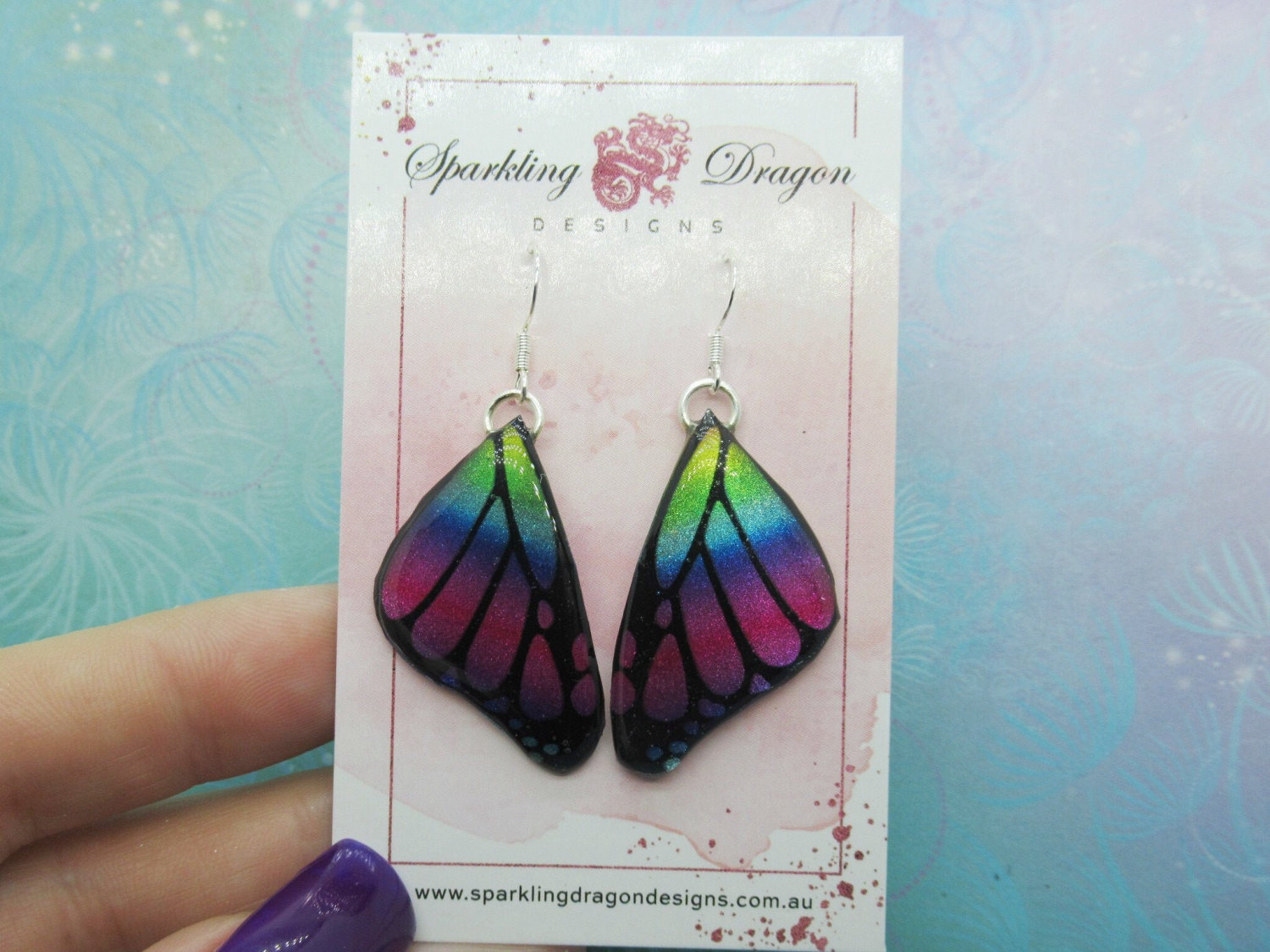 Butterfly Earrings Pink and Blue, Yellow Green - Fairy Jewellery, Fun Gift for her Statement Present Sparkly - Resin with Glitter Finish - Image 2