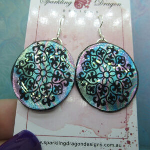 Elegant Motif Earrings -Blue and Pink - New Age Boho gift - Swirling Colours in Resin with Glitter Finish