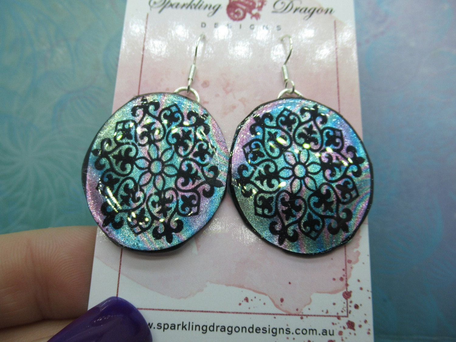 Elegant Motif Earrings -Blue and Pink - New Age Boho gift - Swirling Colours in Resin with Glitter Finish