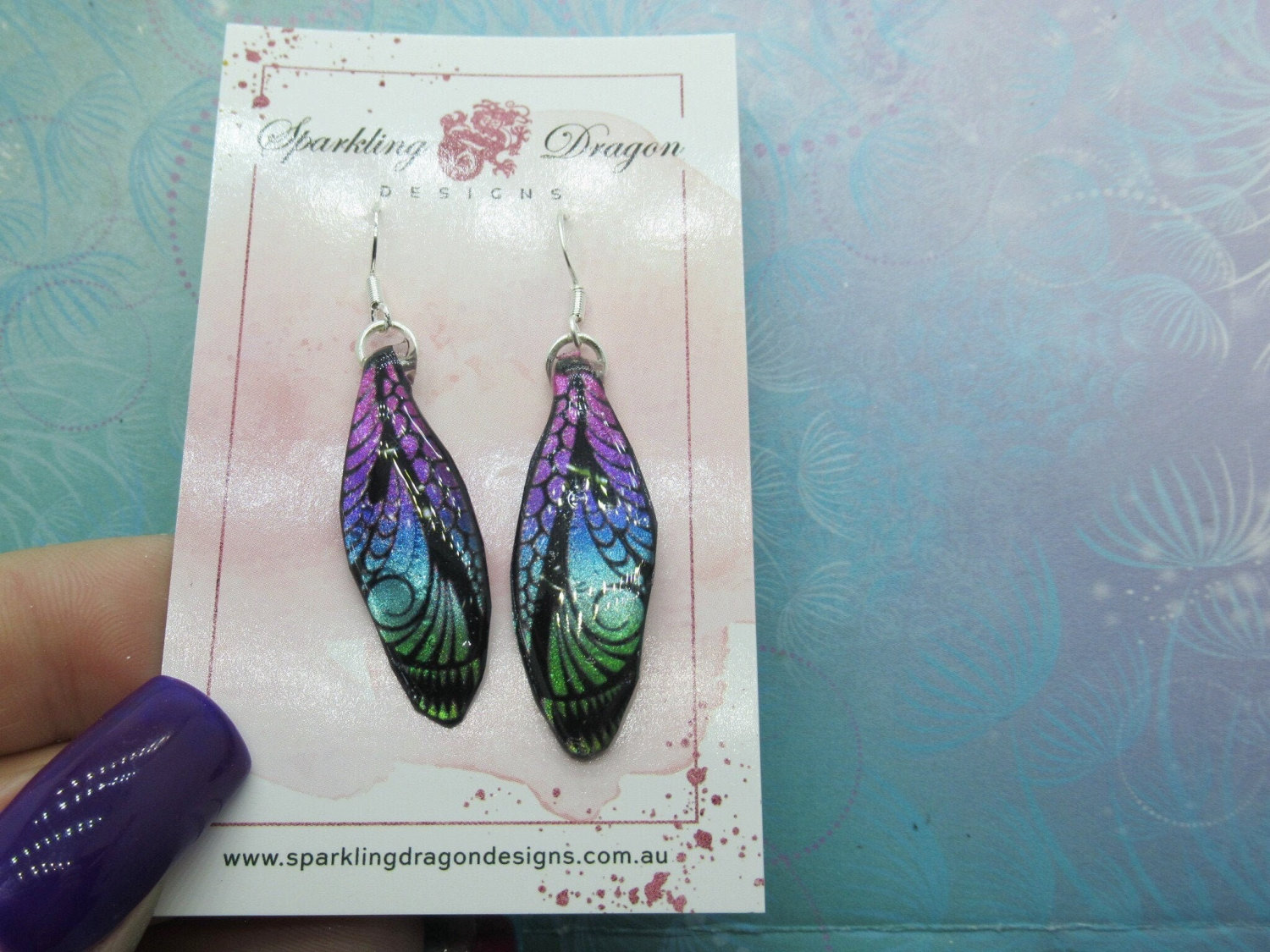 Butterfly Earrings Patterned, Pink to Green - Fairy Jewellery Fun Gift for her Fairy Wing Earrings - Sparkly - Resin with Glitter Finish