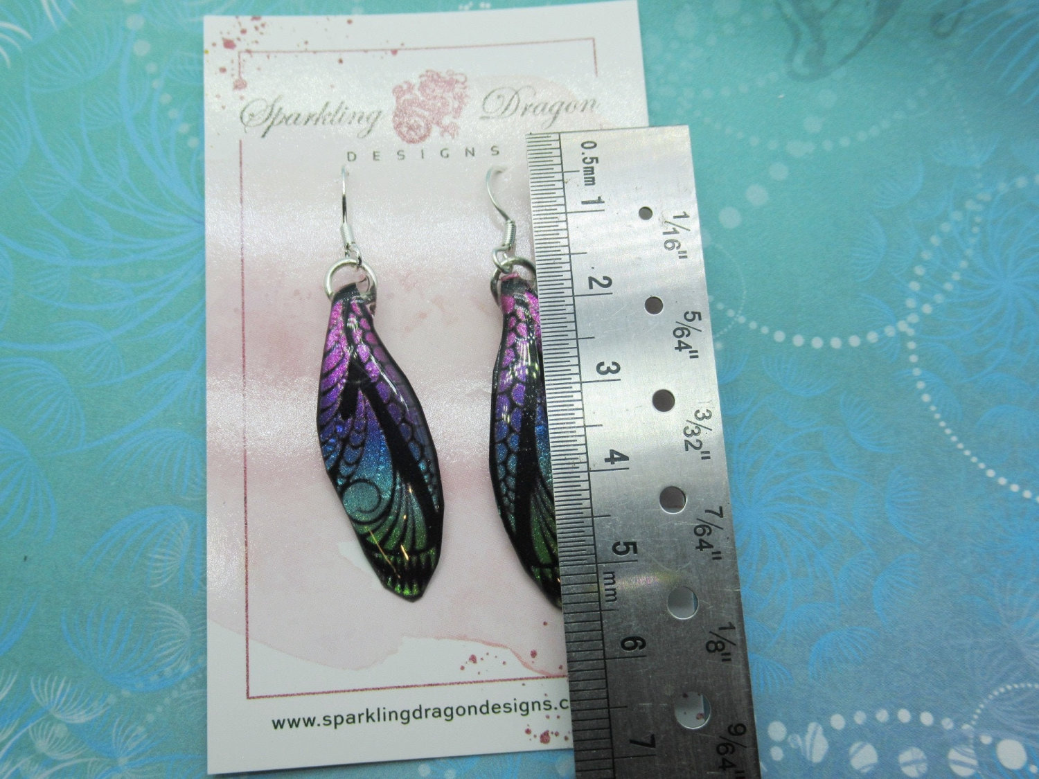 Butterfly Earrings Patterned, Pink to Green - Fairy Jewellery Fun Gift for her Fairy Wing Earrings - Sparkly - Resin with Glitter Finish - Image 3