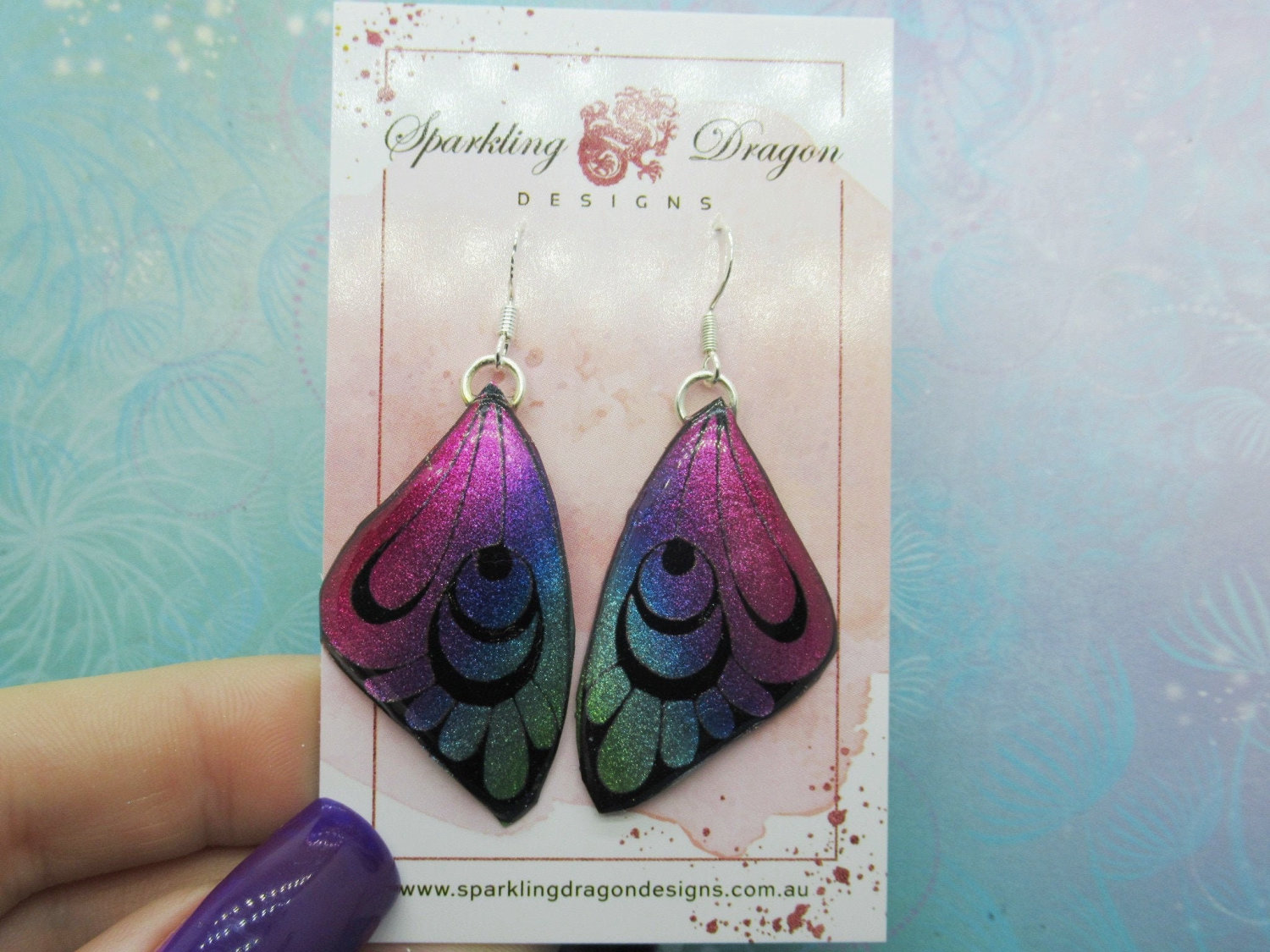 Butterfly Earrings Pink and Blue with Crescents - Fairy Jewellery, Gift for her Fairy Wing Earrings - Sparkly - Resin with Glitter Finish - Image 2