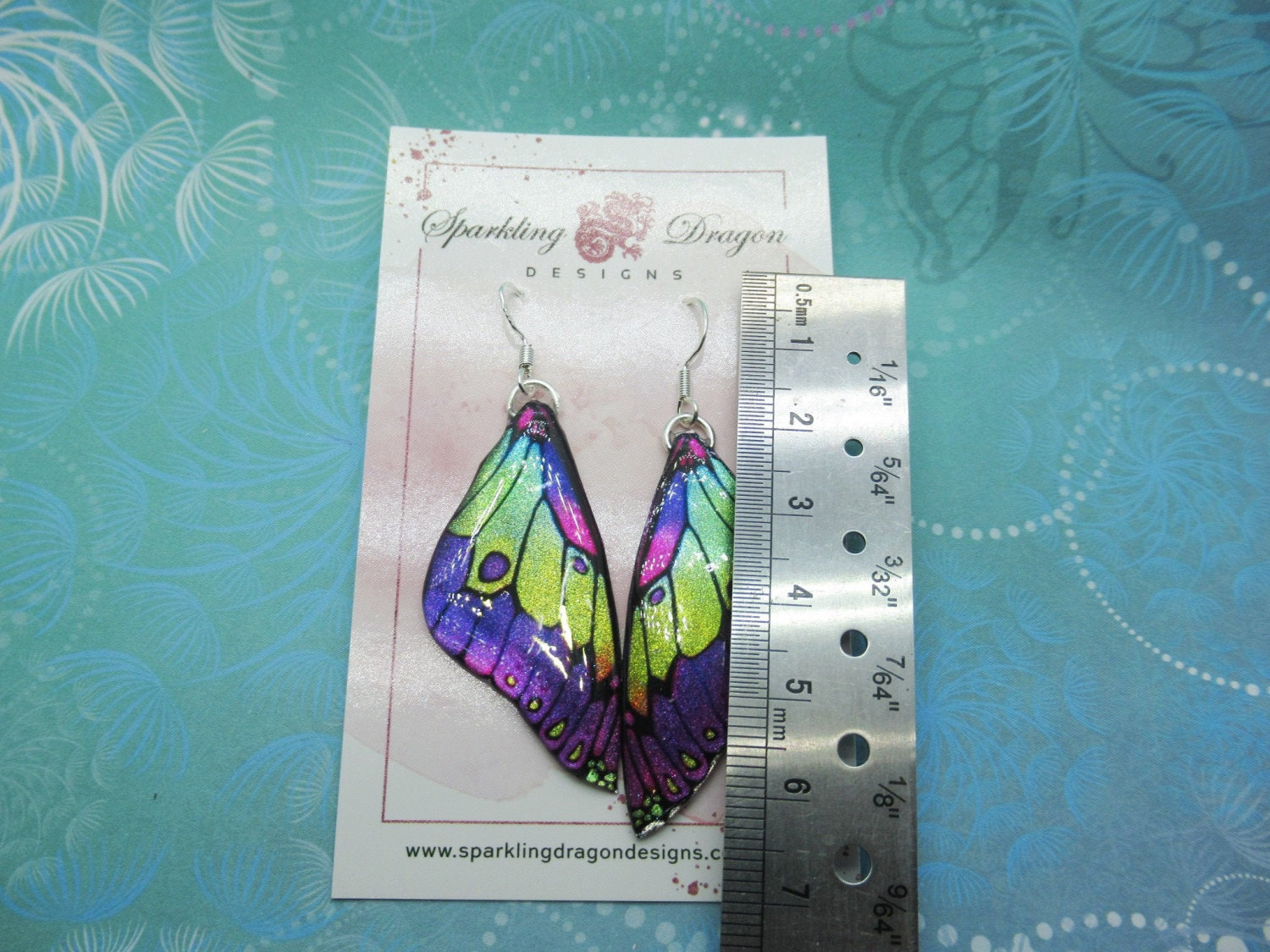 Butterfly Earrings Stained Purple and Lime Green Fairy Jewellery, Gift for her Fairy Wing Earrings - Sparkly - Resin with Glitter Finish - Image 4