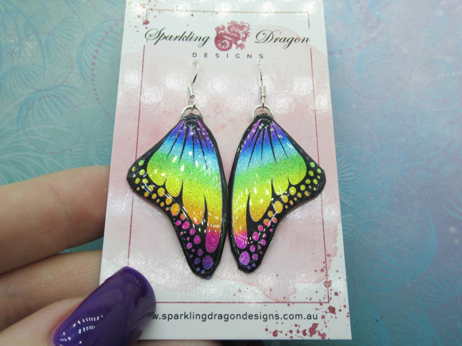 Butterfly Earrings Rainbow Colours with Spots - Fairy Jewellery, Gift for her Fairy Wing Earrings - Sparkly - Resin with Glitter Finish