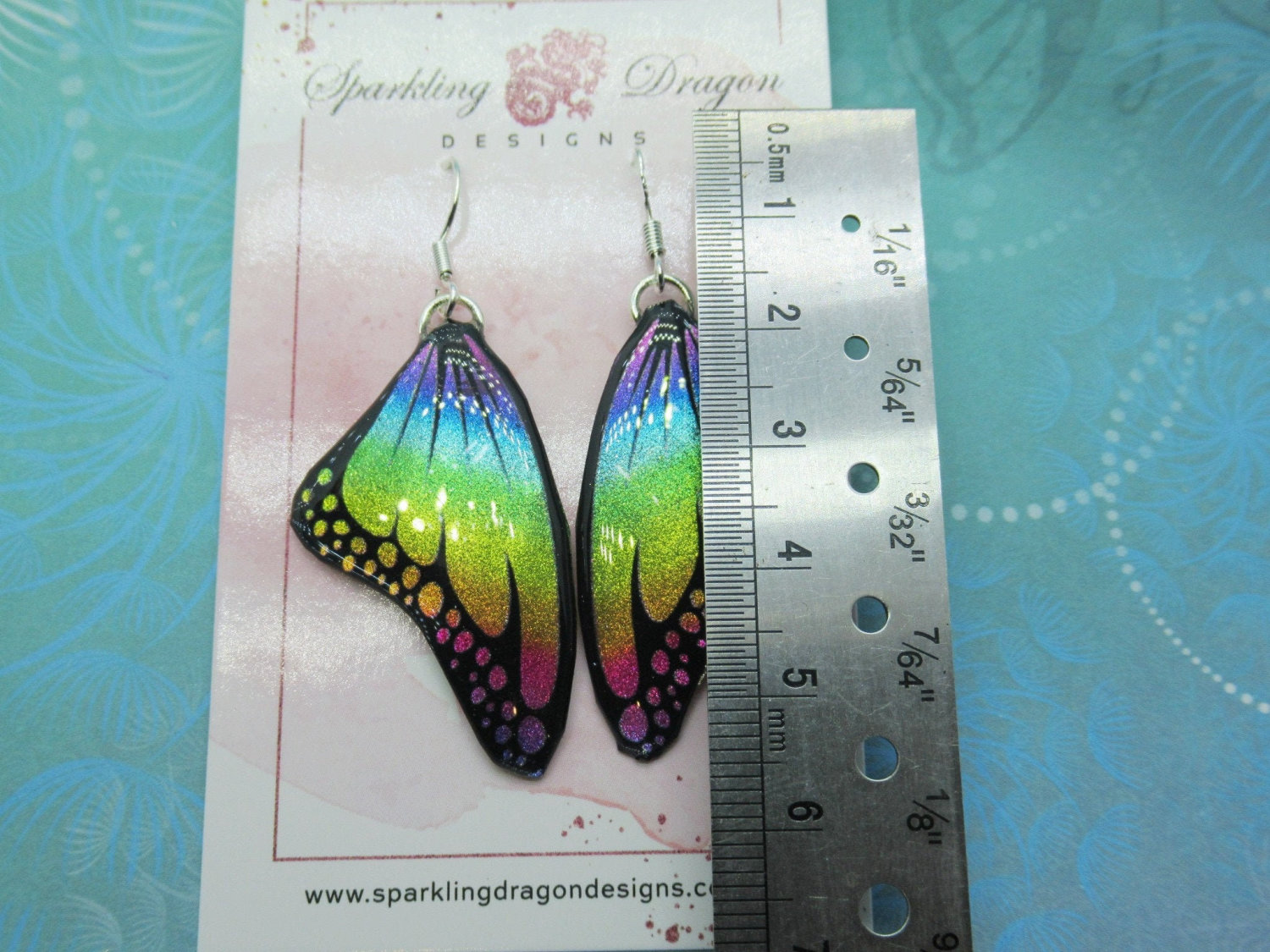 Butterfly Earrings Rainbow Colours with Spots - Fairy Jewellery, Gift for her Fairy Wing Earrings - Sparkly - Resin with Glitter Finish - Image 3