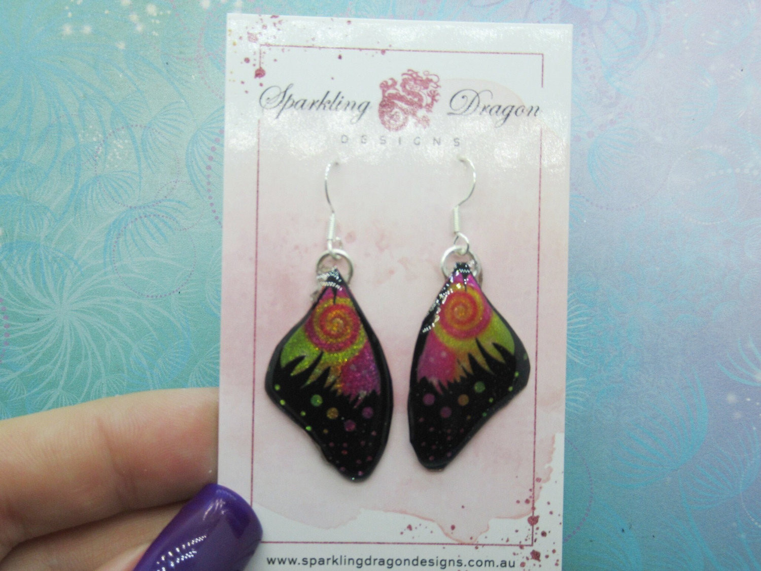 Butterfly Wing Earrings Swirling Pink & Yellow - Fairy Jewellery, Fun Gift for her Statement Present Sparkly - Resin with Glitter Finish - Image 2