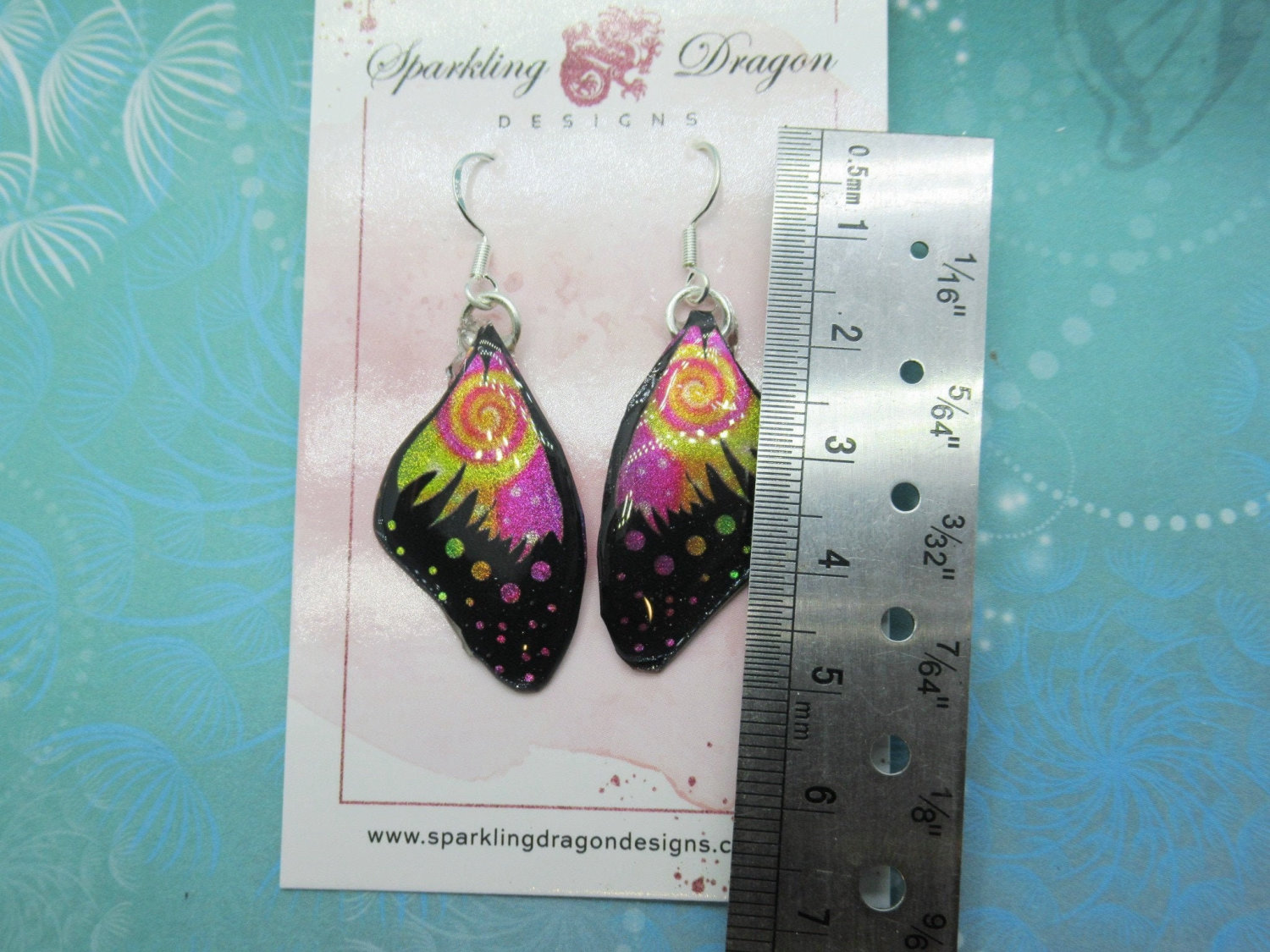 Butterfly Wing Earrings Swirling Pink & Yellow - Fairy Jewellery, Fun Gift for her Statement Present Sparkly - Resin with Glitter Finish - Image 3