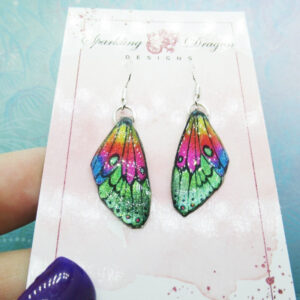 Butterfly Earrings Rainbow, Green to Yellow - Fairy Jewellery, Fun Gift for her Fairy Wing Earrings - Sparkly - Resin with Glitter Finish