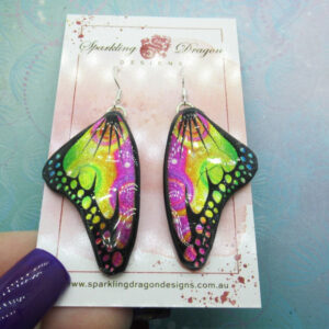 Butterfly Earrings Swirling Pink, Yellow & Green - Fairy Jewellery Fun Gift for her Statement Present Sparkly - Resin with Glitter Finish