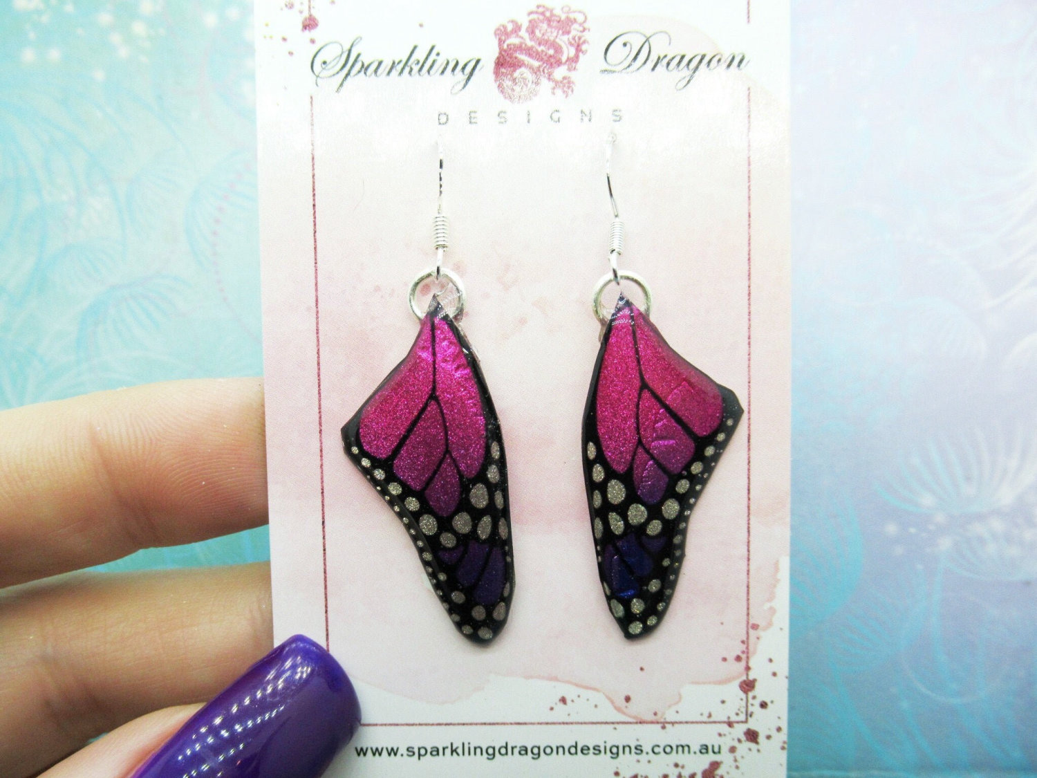 Butterfly Wings Size Earrings Blue Swirl and Pink - Fairy Jewellery, Fairy Wing Earrings - Sparkly - Resin with Glitter Finish - Image 2