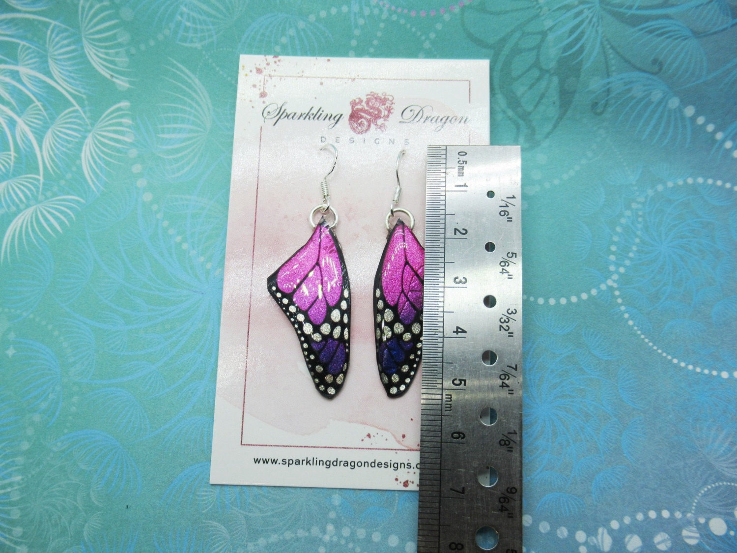 Butterfly Wings Size Earrings Blue Swirl and Pink - Fairy Jewellery, Fairy Wing Earrings - Sparkly - Resin with Glitter Finish - Image 3