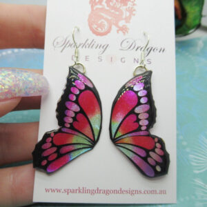 Butterfly Double Wing Earrings Red, Pink & Blue - Fairy Jewellery, Fun Gift for her Statement Present Sparkly - Resin with Glitter Finish