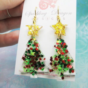 Christmas Tree Earrings with Gold Stars, Large