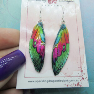 Butterfly Earrings Green and Pink Rainbow - Fairy Jewellery, Fun Gift for her Fairy Wing Earrings - Sparkly - Resin with Glitter Finish