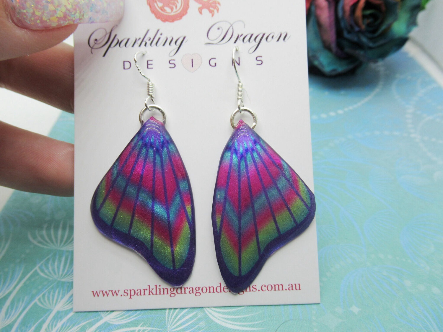Butterfly Wing Earrings Purple & Rainbow- Fairy Jewellery, Fun Gift for her Fairy Wing Earrings - Sparkly - Resin with Glitter Finish