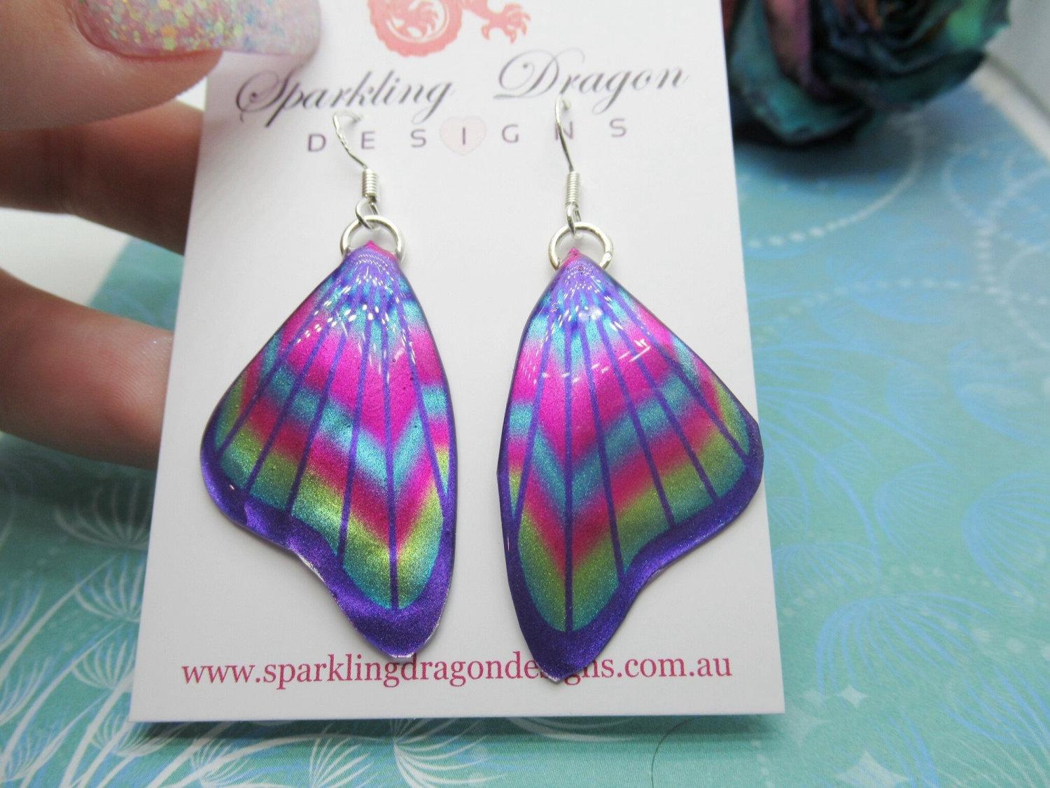 Butterfly Wing Earrings Purple & Rainbow- Fairy Jewellery, Fun Gift for her Fairy Wing Earrings - Sparkly - Resin with Glitter Finish - Image 2