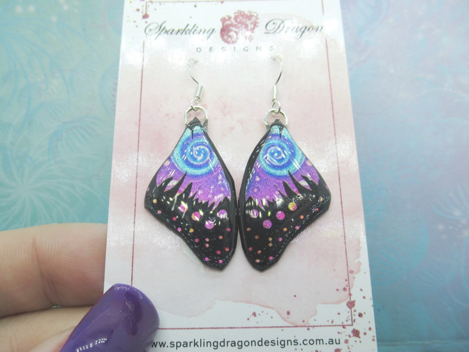 Butterfly Wings Size Earrings Blue Swirl and Pink - Fairy Jewellery