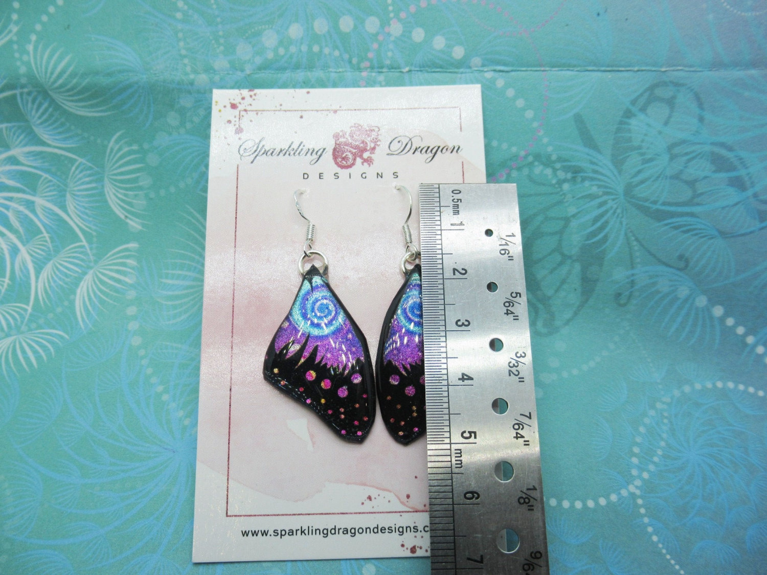 Butterfly Wings Size Earrings Blue Swirl and Pink - Fairy Jewellery - Image 3