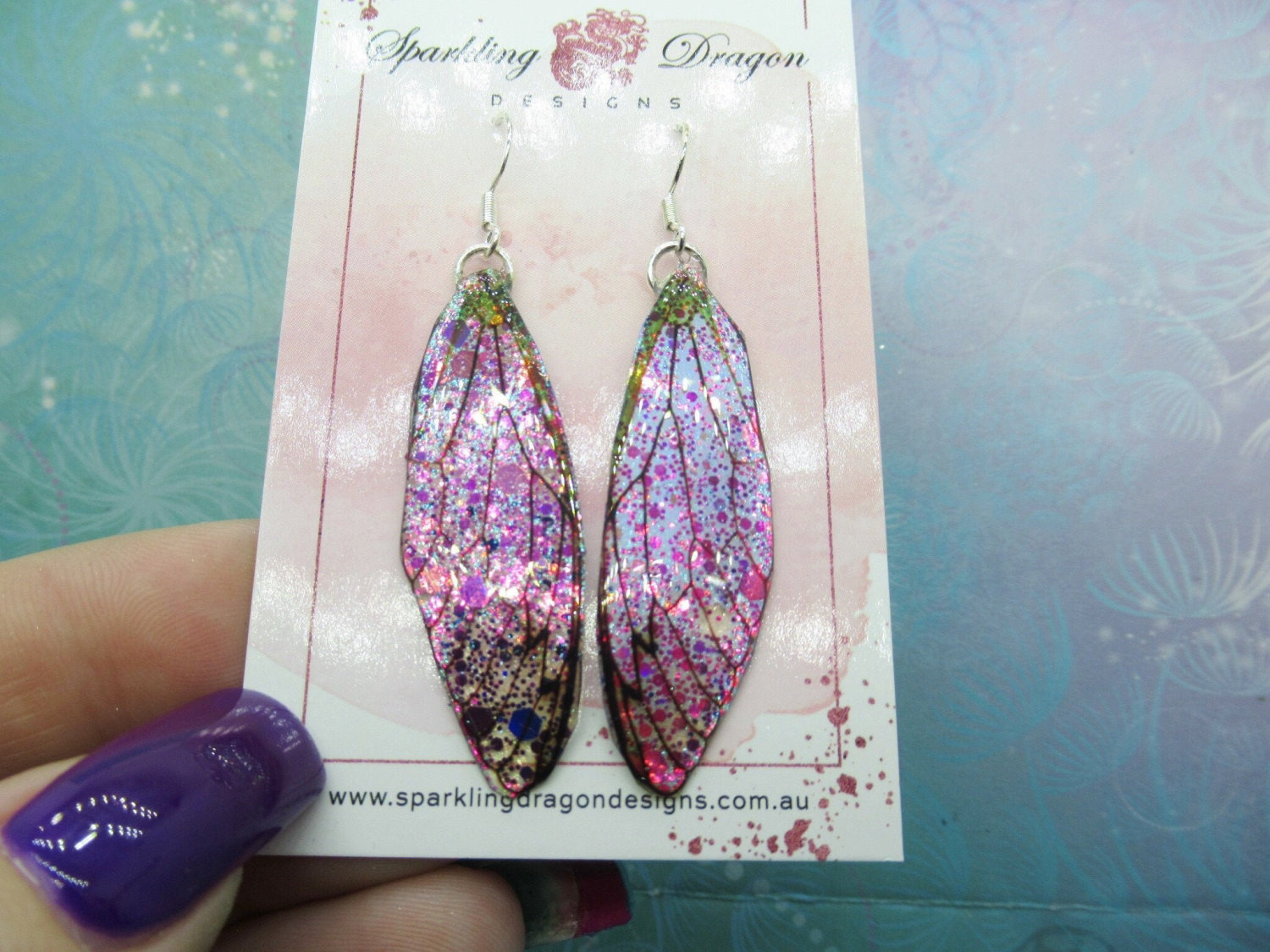 Butterfly Earrings Sparkly Purple & Pink - Fairy Jewellery, Fun Gift for her Fairy Wing Earrings - Sparkly - Resin with Glitter Finish