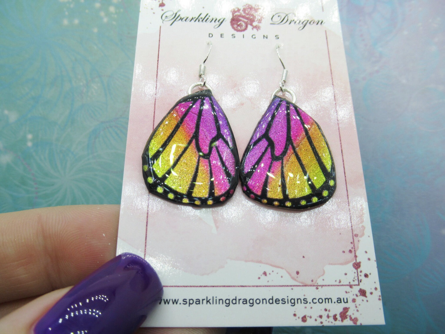 Butterfly Earrings Pink & Yellow Sparkle -Fairy Jewellery Fun Gift for Fairy Wing Earrings - Sparkly - Resin with Glitter Finish