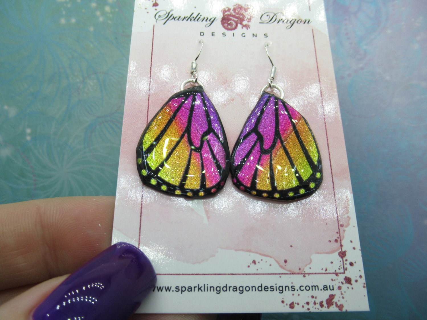 Butterfly Earrings Pink & Yellow Sparkle -Fairy Jewellery Fun Gift for Fairy Wing Earrings - Sparkly - Resin with Glitter Finish - Image 2