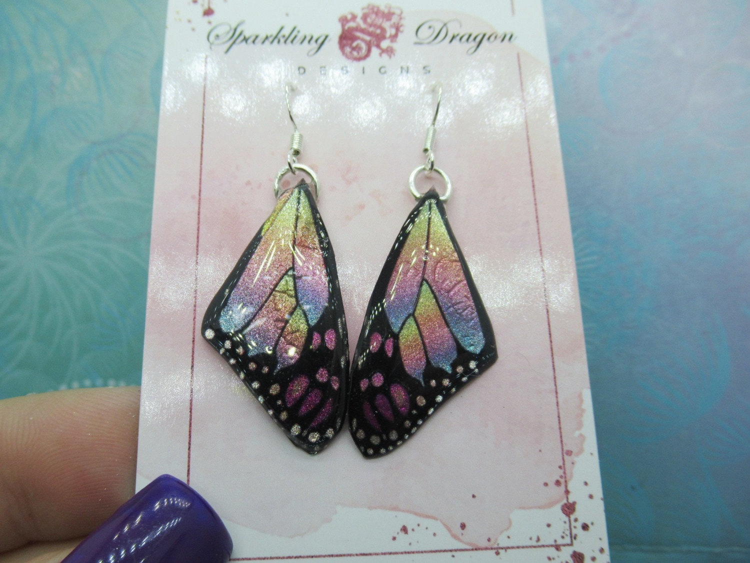 Butterfly Earrings Mottled Rainbow - Fairy Jewellery Fun Gift for Fairy Wing Earrings - Sparkly - Resin with Glitter Finish