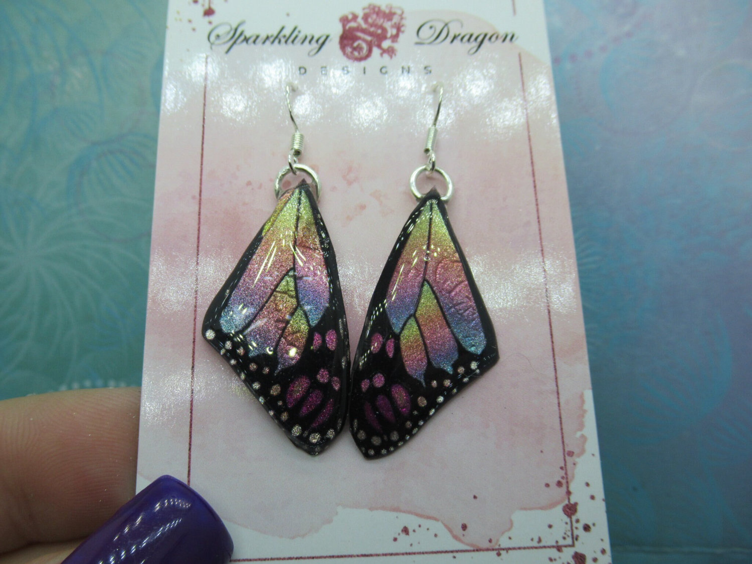 Butterfly Earrings Mottled Rainbow - Fairy Jewellery Fun Gift for Fairy Wing Earrings - Sparkly - Resin with Glitter Finish - Image 2