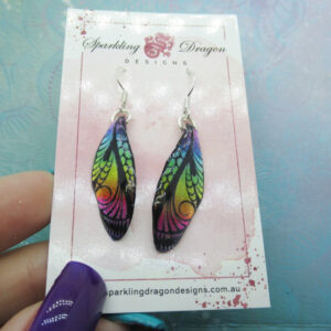 Butterfly Earrings Rainbow & Black Sparkle - Fairy Jewellery, Fun Gift for her Fairy Wing Earrings - Sparkly - Resin with Glitter Finish