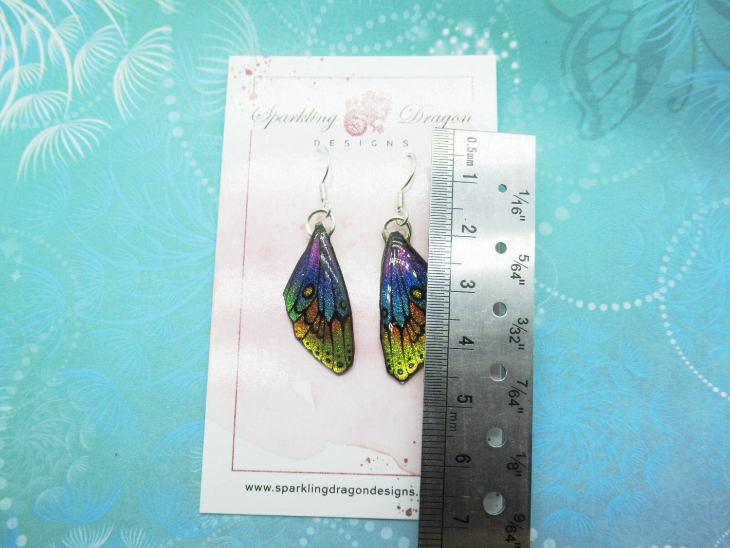 Butterfly Wing Earrings Rainbow, Yellow to Pink - Fairy Jewellery, Fun Gift for her Statement Present Sparkly - Resin with Glitter Finish - Image 2