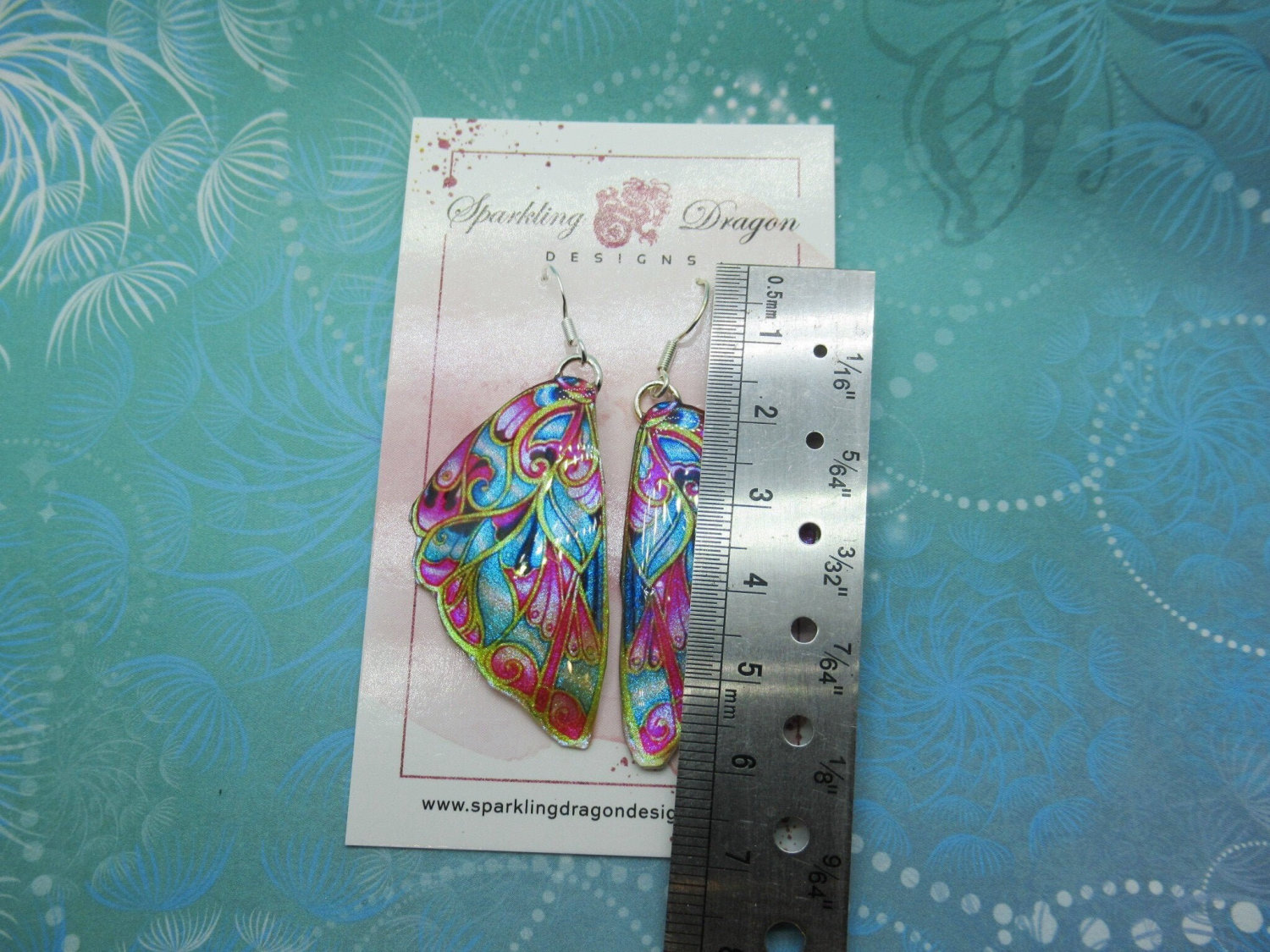 Blue Green Butterfly Wing Earrings semi-transparent Fairy Jewellery, Fun Gift Fairy Wing Earrings - Sparkly - Resin with Glitter Finish - Image 4