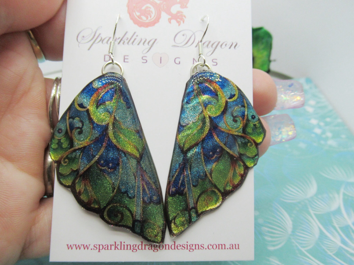 Blue Green Butterfly Wing Earrings semi-transparent Fairy Jewellery, Fun Gift Fairy Wing Earrings - Sparkly - Resin with Glitter Finish - Image 5