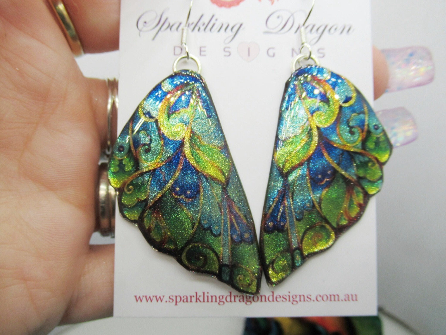 Blue Green Butterfly Wing Earrings semi-transparent Fairy Jewellery, Fun Gift Fairy Wing Earrings - Sparkly - Resin with Glitter Finish - Image 6