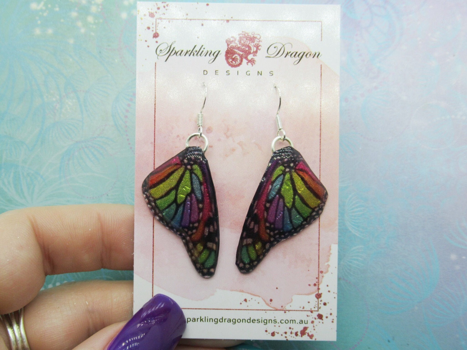Butterfly Earrings Stained Glass Rainbow - Fairy Jewellery, Gift for her Fairy Wing Earrings - Sparkly - Resin with Glitter Finish - Image 2