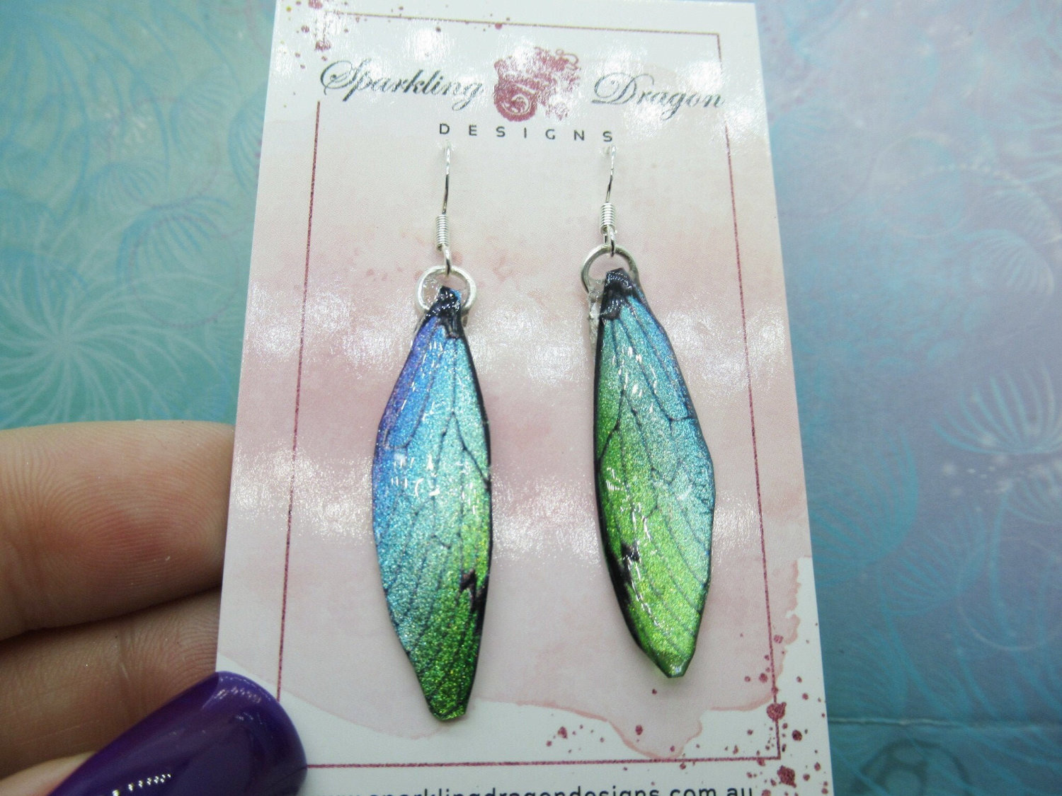 Butterfly Earrings Blue & Green Yellow Sparkle - Fairy Jewellery, Fun Gift for her Statement Present Sparkly - Resin with Glitter Finish