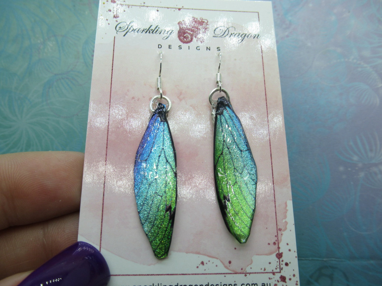 Butterfly Earrings Blue & Green Yellow Sparkle - Fairy Jewellery, Fun Gift for her Statement Present Sparkly - Resin with Glitter Finish - Image 2