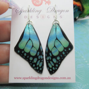 Butterfly Wing Medium Size Earrings Soft Blue Stained Glass- Fairy Jewellery, Fairy Wing Earrings - Sparkly - Resin with Glitter Finish
