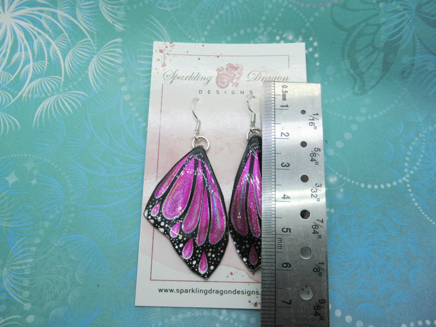 Butterfly Wing Pretty Pink Earrings - Fairy Jewellery, Fun Gift for her Fairy Wing Earrings - Sparkly - Rainbow Resin with Glitter Finish - Image 6