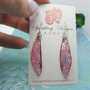 Butterfly Pink Shimmer Wing Earrings - Fairy Jewellery, Fun Gift Statement Present Sparkly Boho Rainbow Resin with Glitter Finish Dragonfly