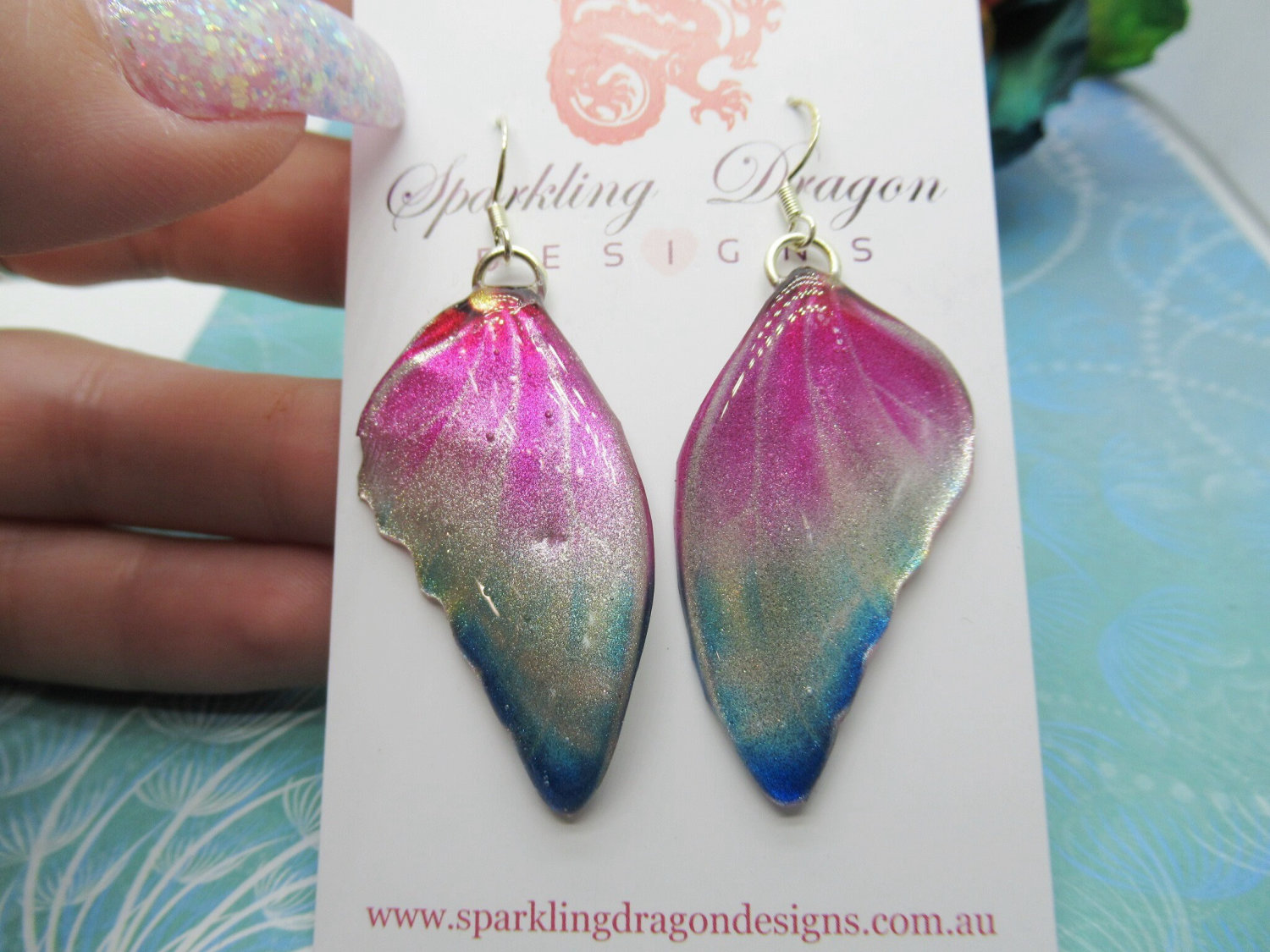 Butterfly Wing Earrings Misting Pink and Blue - Fairy Jewellery, Fun Gift for her Fairy Wing Earrings - Sparkly - Resin with Glitter Finish
